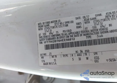 2017 Ford F-250 Xl z USA, uszkodzony, nr VIN 1FT7W2BT6HEE56812